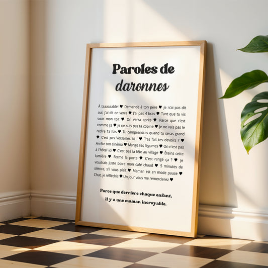Affiche humour maman avec phrases cultes des mamans, poster noir et blanc minimaliste, idée cadeau fête des mères originale