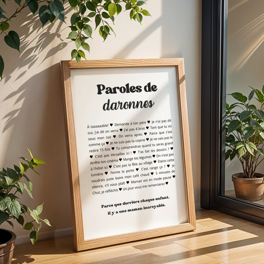 Affiche humour maman avec phrases cultes des mamans, poster noir et blanc minimaliste, idée cadeau fête des mères originale