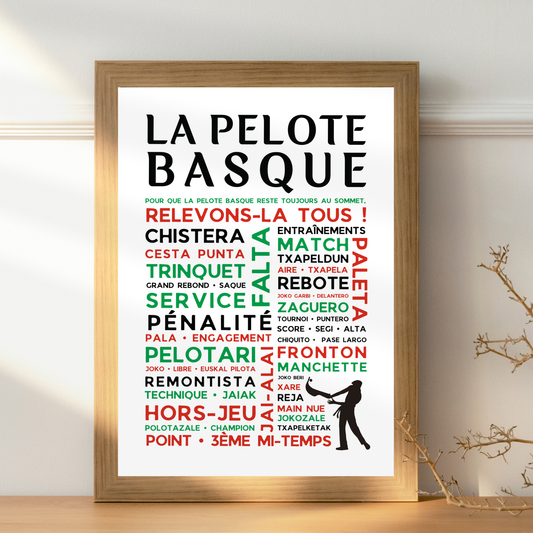Affiche Pelote Basque – Poster Mots et Expressions – Cadeau Noël pour Passionnés de Pelote Basque - Décoration Pays basque fronton trinquet