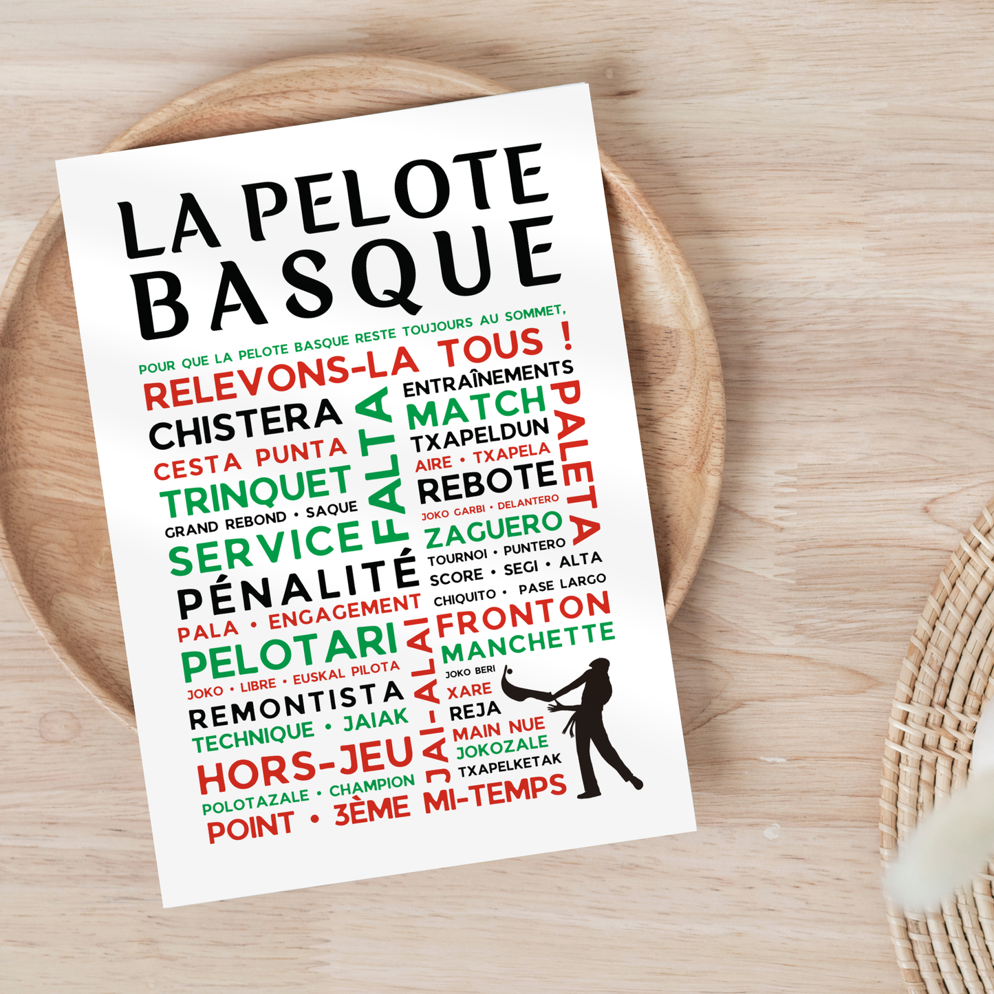 Affiche Pelote Basque – Poster Mots et Expressions – Cadeau Noël pour Passionnés de Pelote Basque - Décoration Pays basque fronton trinquet