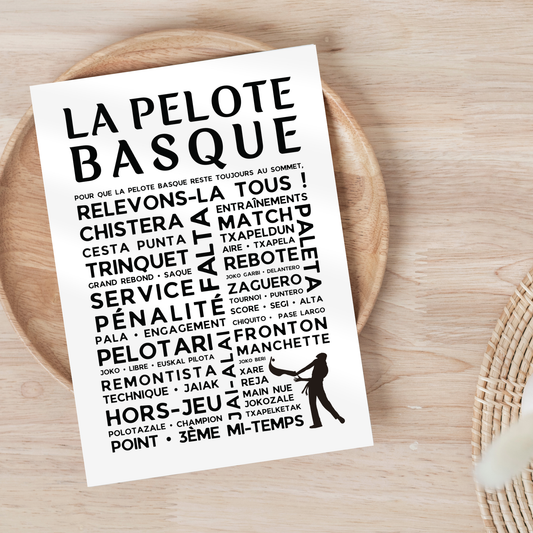 Affiche Pelote Basque – Poster Mots et Expressions – Cadeau Noël pour Passionnés de Pelote Basque - Décoration Pays basque fronton trinquet