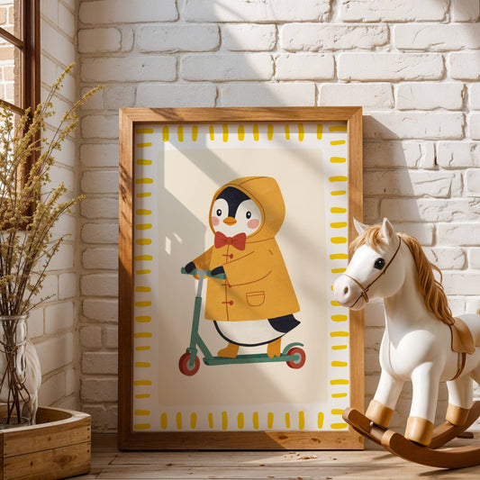 Affiche Pingouin Trottinette – Poster Coloré Animaux Rigolos Chambre Enfant Dopamine Decor Cadeau Naissance
