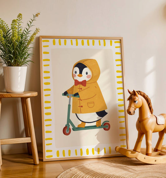 Affiche Pingouin Trottinette – Poster Coloré Animaux Rigolos Chambre Enfant Dopamine Decor Cadeau Naissance