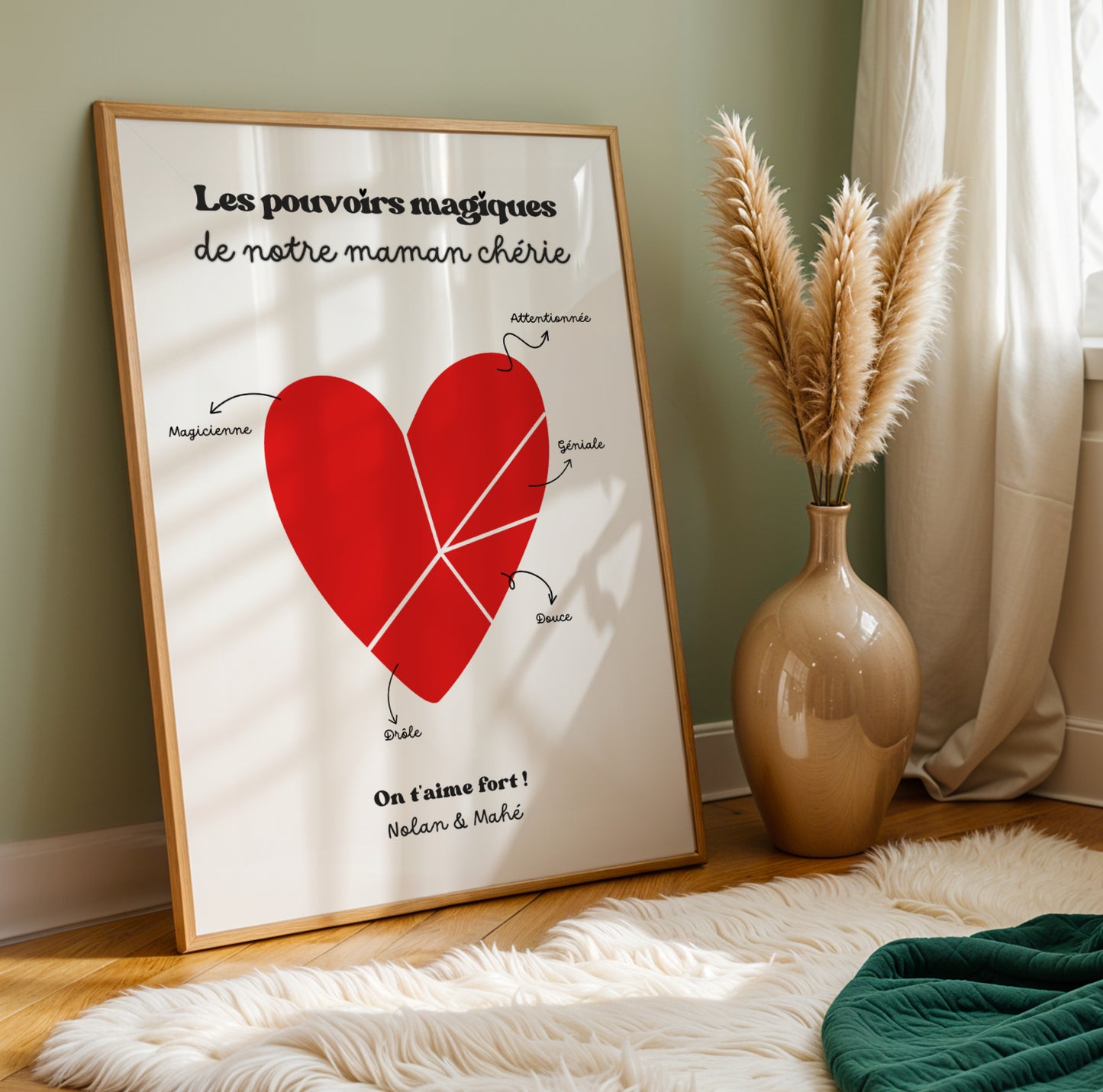 Affiche les pouvoirs magiques de ma super maman personnalisée, cadeau original fête des mères, poster maman avec qualités dans un cœur