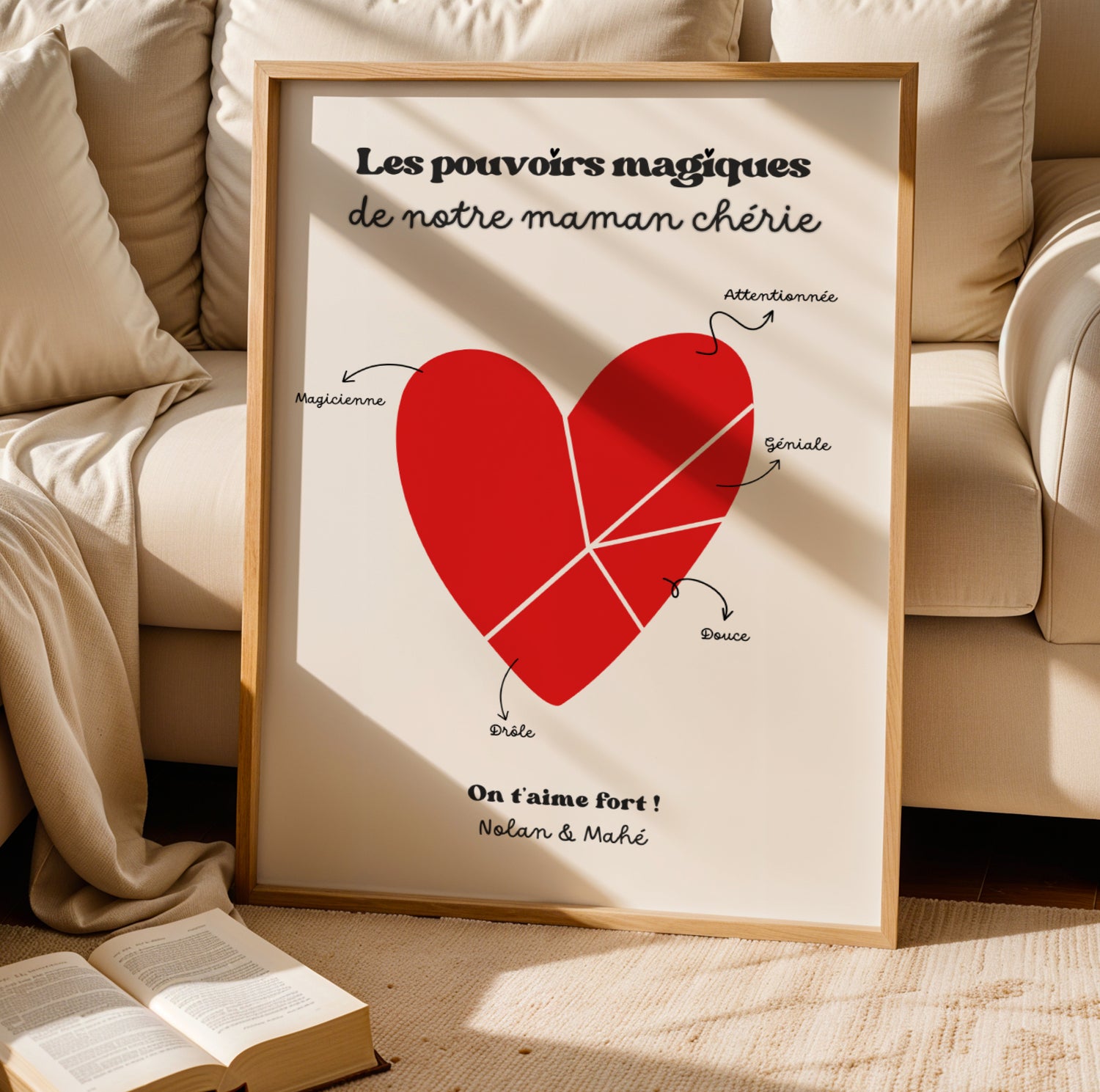 Affiche les pouvoirs magiques de ma super maman personnalisée, cadeau original fête des mères, poster maman avec qualités dans un cœur