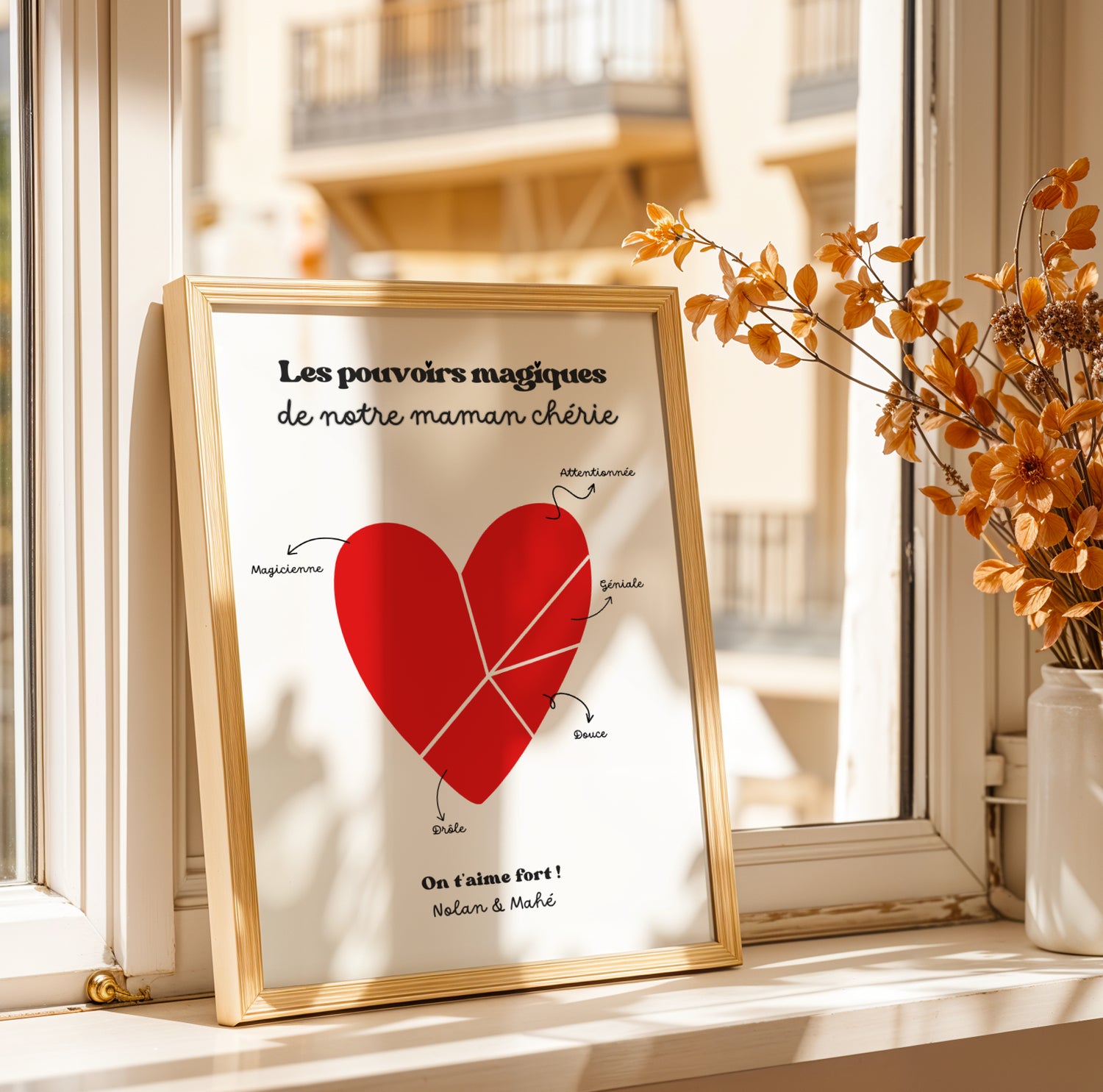 Affiche les pouvoirs magiques de ma super maman personnalisée, cadeau original fête des mères, poster maman avec qualités dans un cœur