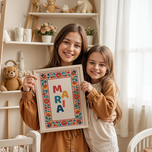 Affiche Prénom Personnalisée Enfant avec cadre Folk Art Fleuri & couleurs dopamine