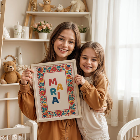 affiche prénom personnalisée folk art fleuri couleurs dopamine chambre enfant