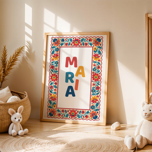 Affiche Prénom Personnalisée Enfant avec cadre Folk Art Fleuri & couleurs dopamine