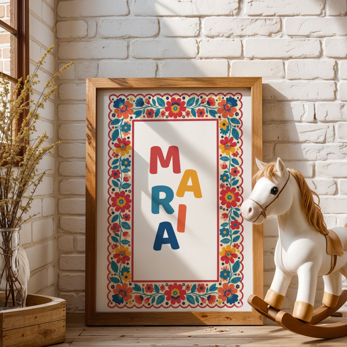 Affiche Prénom Personnalisée Enfant avec cadre Folk Art Fleuri & couleurs dopamine