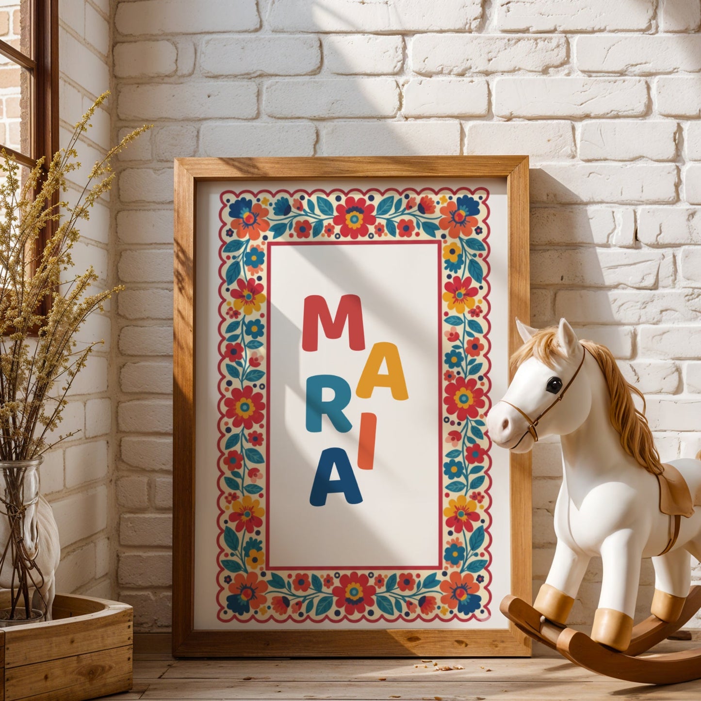 cadeau naissance affiche folk art fleuri dopamine prénom personnalisé chambre bébé