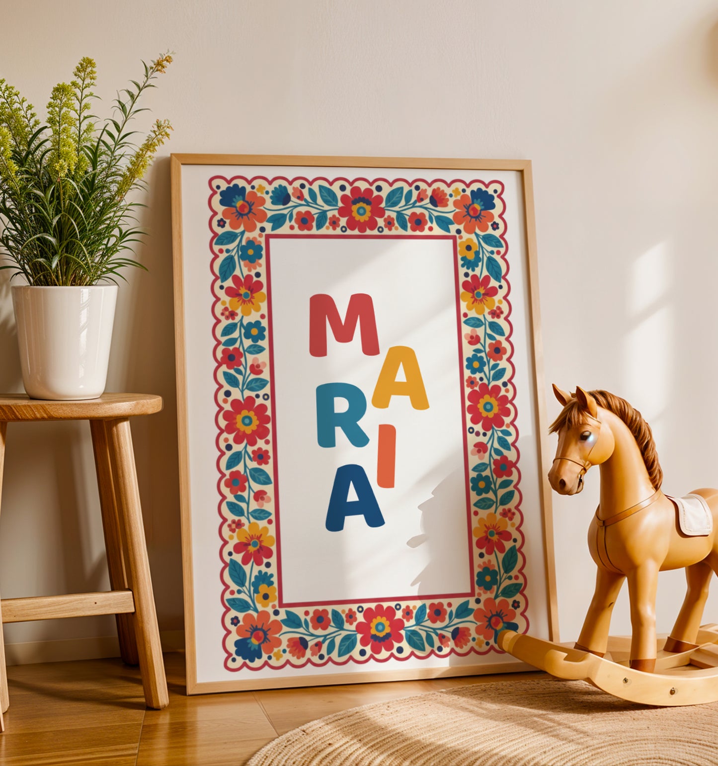 Affiche Prénom Personnalisée Enfant avec cadre Folk Art Fleuri & couleurs dopamine