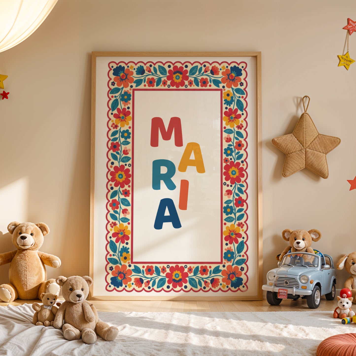 Affiche Prénom Personnalisée Enfant avec cadre Folk Art Fleuri & couleurs dopamine