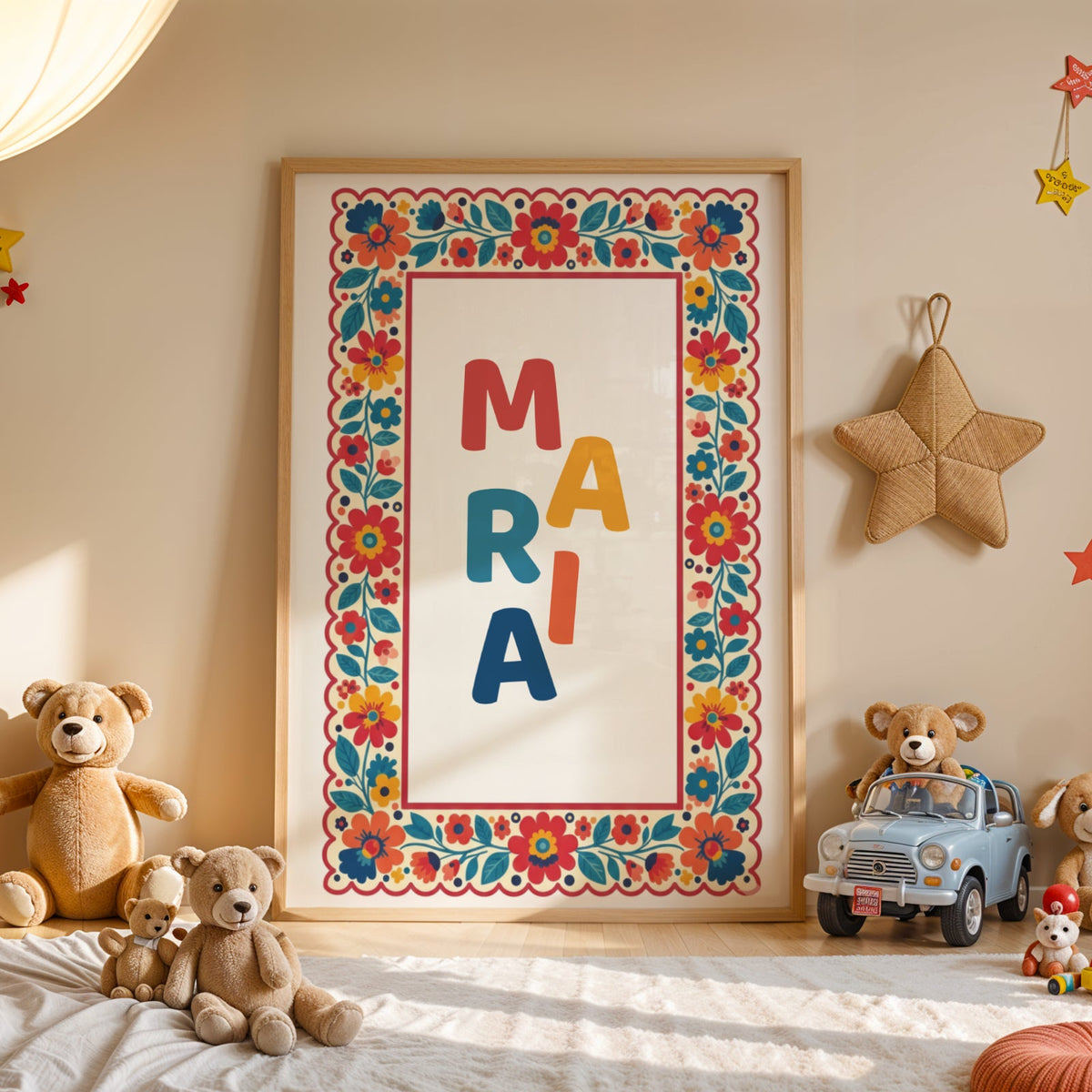 poster initiale bébé personnalisé folk art dopamine artisanal fleuri chambre enfant