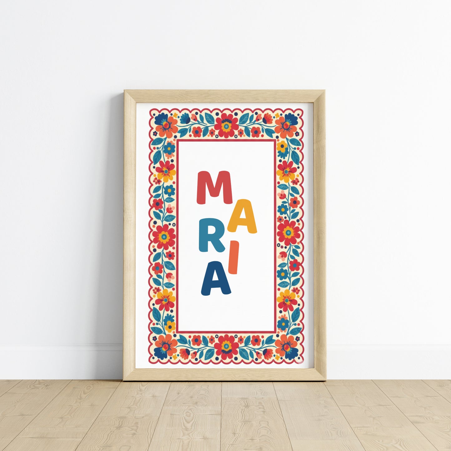 Affiche Prénom Personnalisée Enfant avec cadre Folk Art Fleuri & couleurs dopamine