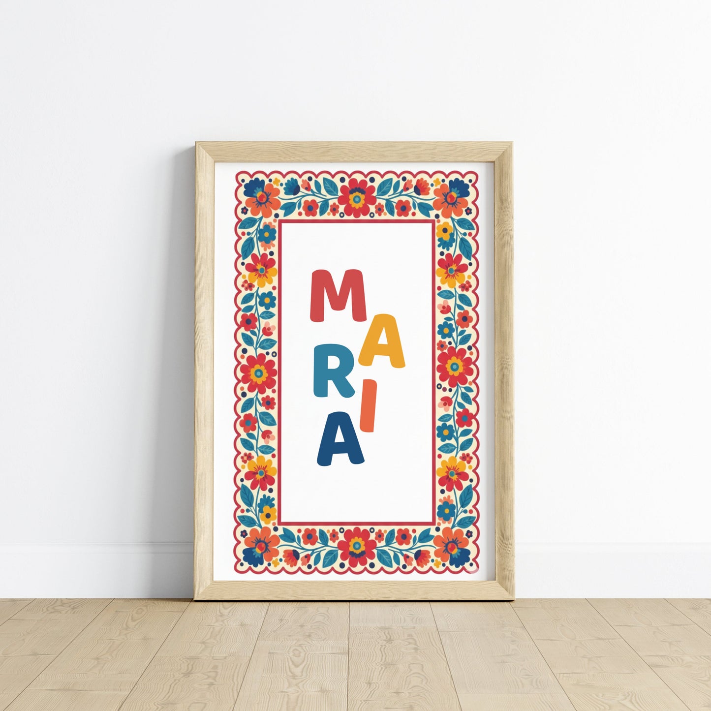 affiche prénom enfant personnalisé folk art festonné rose moutarde terracotta chambre