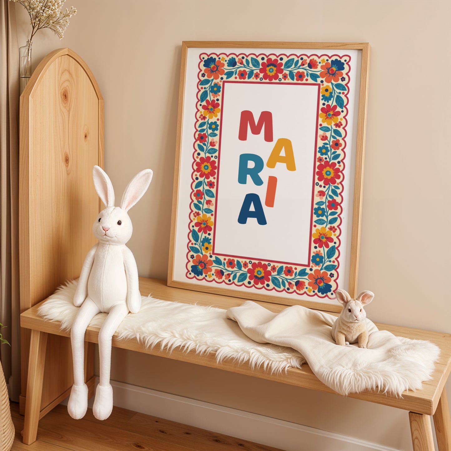 Affiche Prénom Personnalisée Enfant avec cadre Folk Art Fleuri & couleurs dopamine