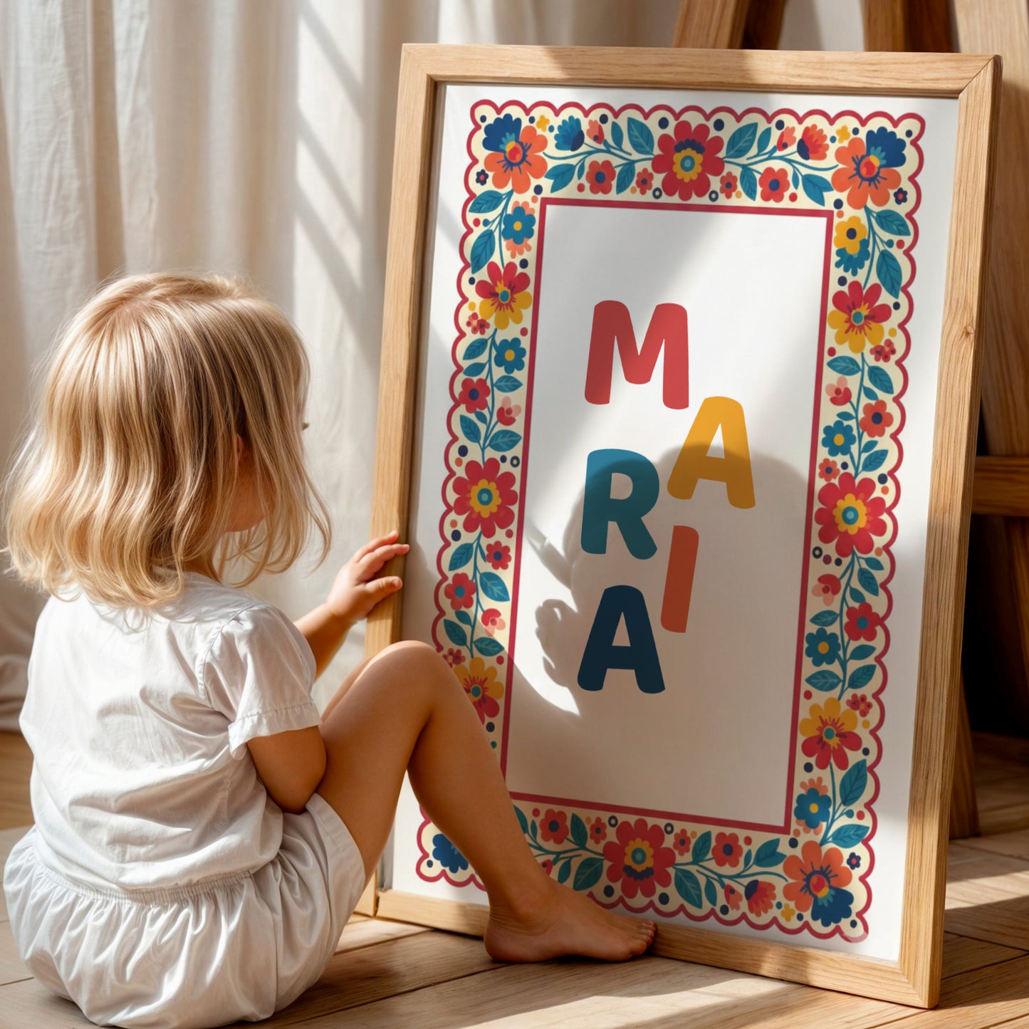 Affiche Prénom Personnalisée Enfant avec cadre Folk Art Fleuri & couleurs dopamine