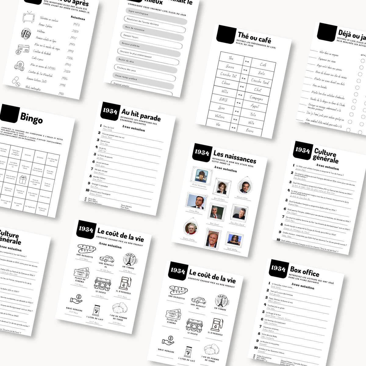 Quiz anniversaire année de naissance : kit PDF prêt à imprimer, 10 jeux et quiz à imprimer, toutes les années disponibles