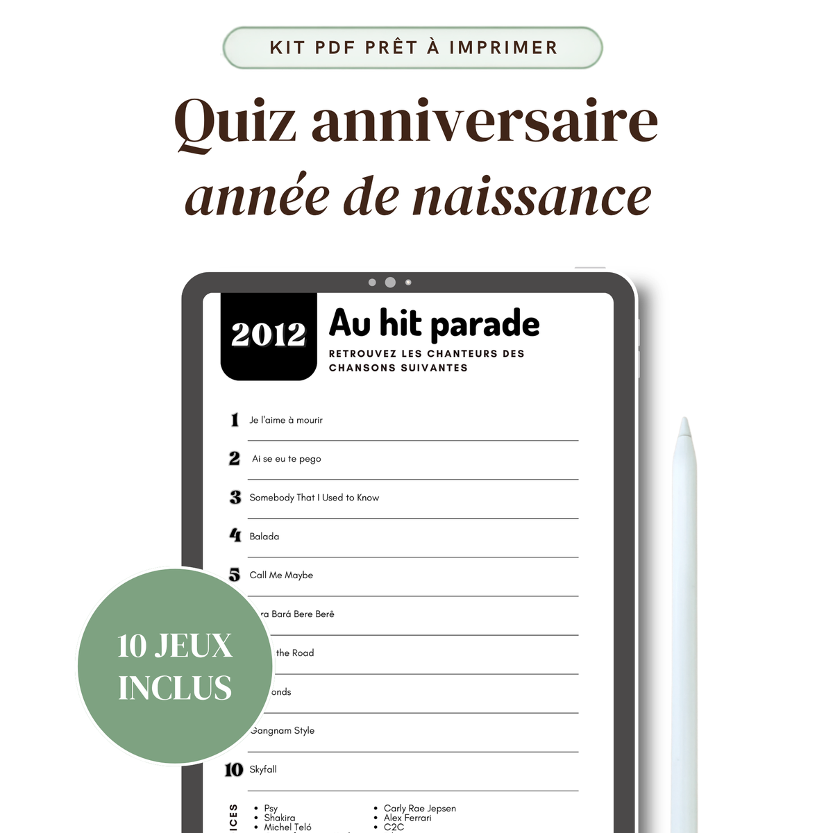 Quiz anniversaire année de naissance : kit PDF prêt à imprimer, 10 jeux et quiz à imprimer, toutes les années disponibles