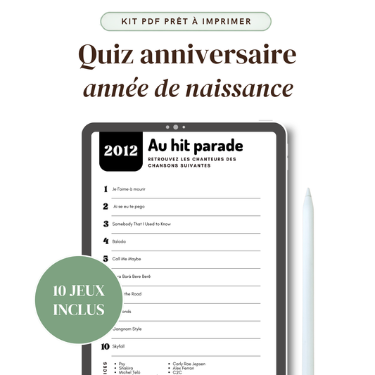 Quiz anniversaire année de naissance : kit PDF prêt à imprimer, 10 jeux et quiz à imprimer, toutes les années disponibles