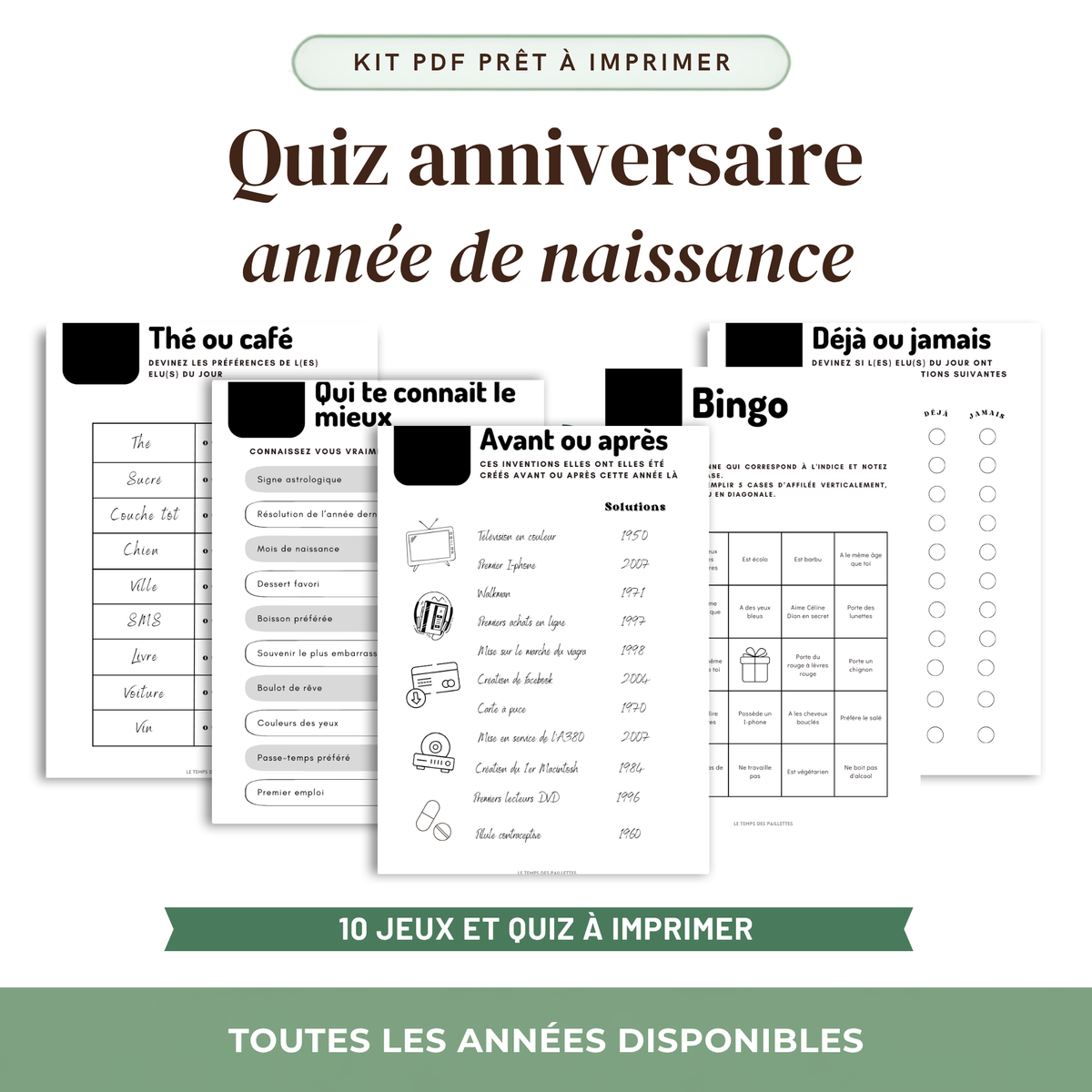 Quiz anniversaire année de naissance : kit PDF prêt à imprimer, 10 jeux et quiz à imprimer, toutes les années disponibles