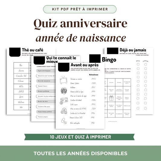 Quiz anniversaire année de naissance : kit PDF prêt à imprimer, 10 jeux et quiz à imprimer, toutes les années disponibles