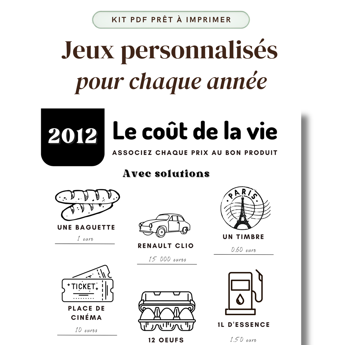 Quiz anniversaire année de naissance : kit PDF prêt à imprimer, 10 jeux et quiz à imprimer, toutes les années disponibles