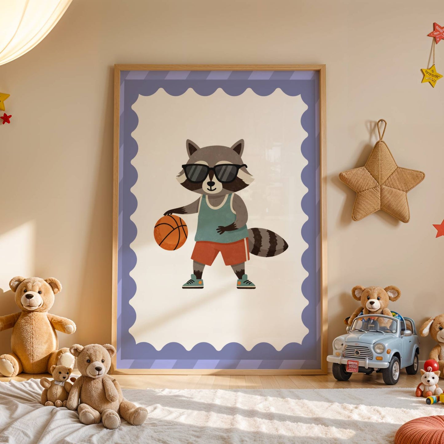 Affiche Enfant Raton Laveur Fan de Basket – Illustration Sportive et Ludique pour Décoration de Chambre d’Enfant