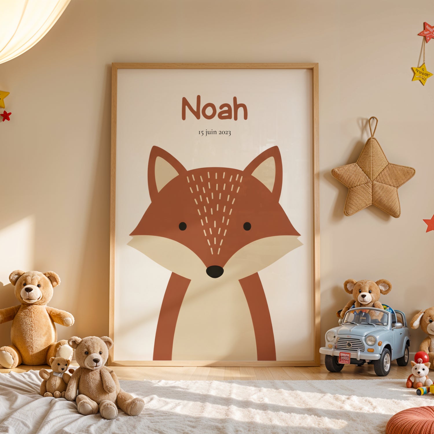 Célébrez l'arrivée de votre petit explorateur avec cette affiche renard personnalisée au style minimaliste et chaleureux.

Cette illustration douce, aux couleurs naturelles, apporte une touche boisée et moderne à la chambre de votre enfant. Je personnalise cette affiche avec le prénom et la date de votre choix pour créer un souvenir unique et intemporel.