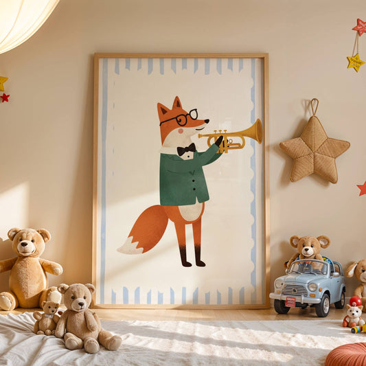 Affiche Renard Trompette – Poster Coloré Animaux Musiciens Chambre Enfant Dopamine Decor Cadeau Naissance