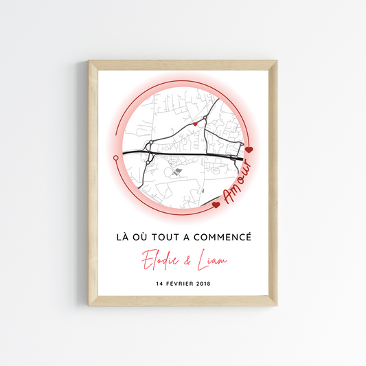 Affiche carte personnalisée pour couple avec lieu de rencontre - Affiche carte GPS là ou tout a commencé par Le Temps des Paillettes