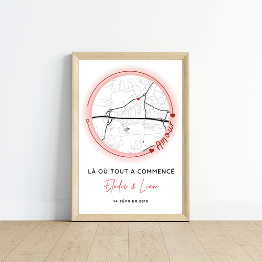 Affiche carte personnalisée pour couple avec lieu de rencontre - Affiche carte GPS là ou tout a commencé par Le Temps des Paillettes
