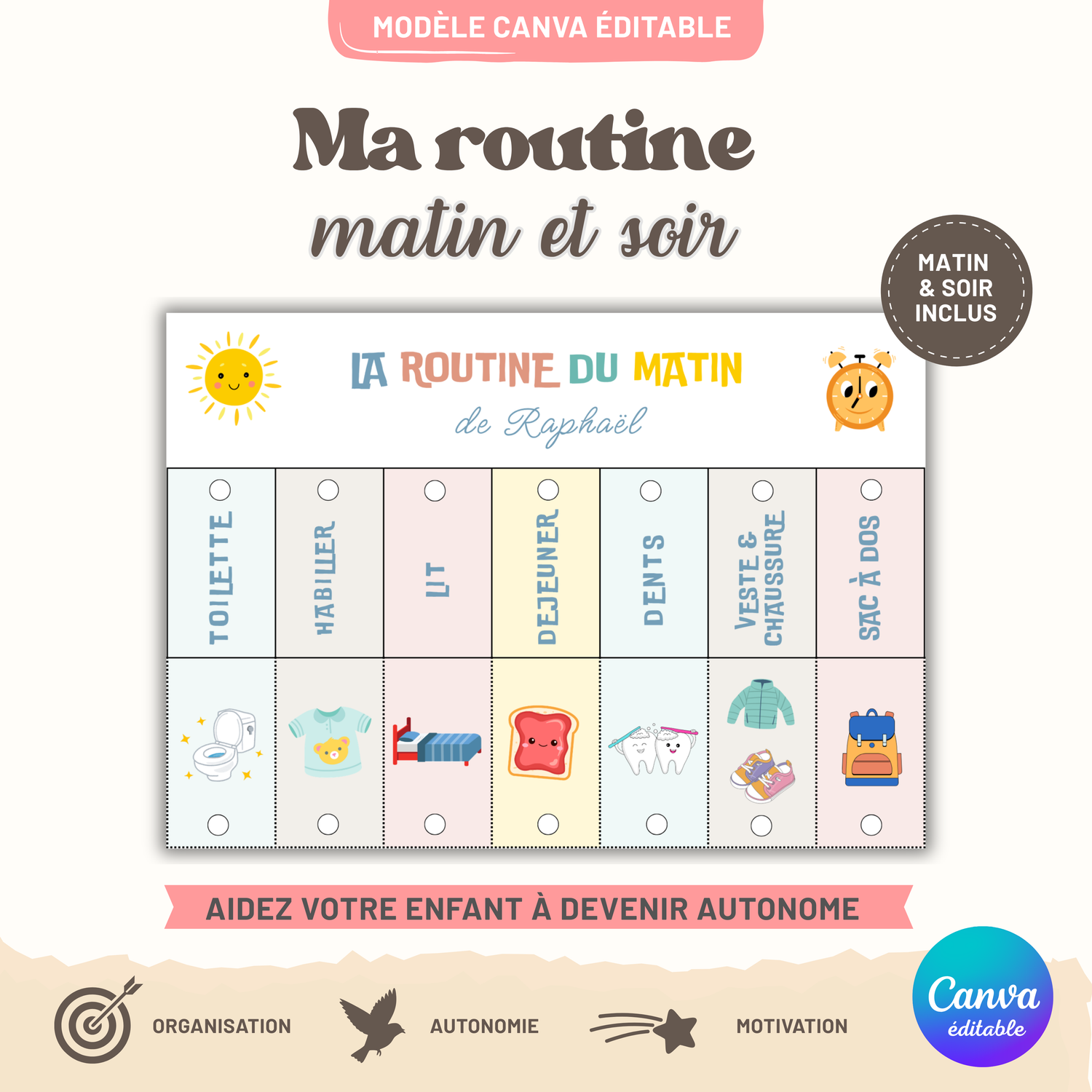 Affiche routine matin enfant personnalisable avec prénom téléchargement immédiat