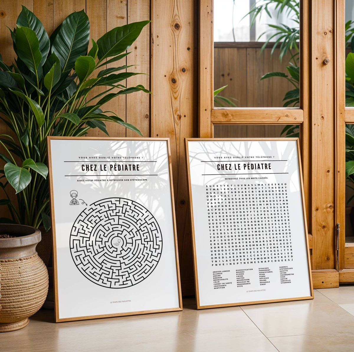 Lot de 2 affiches pédiatre : mots mêlés et labyrinthe pour salle d’attente