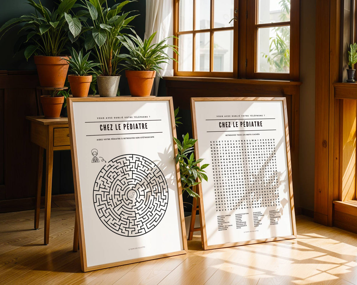 Lot de 2 affiches pédiatre : mots mêlés et labyrinthe pour salle d’attente