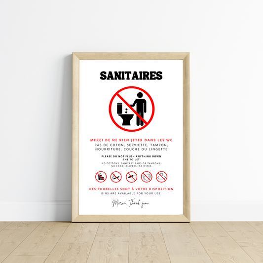 Affiche Sanitaires - Ne rien jeter dans les WC en français et anglais - Affiche toilette canalisation sensible - Le Temps des Paillettes