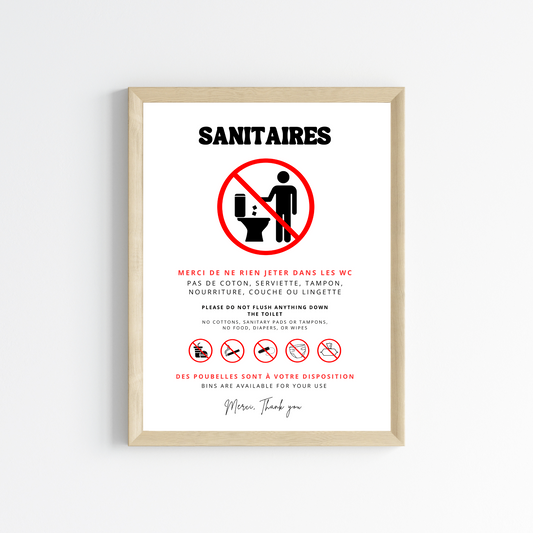 Affiche Sanitaires - Ne rien jeter dans les WC en français et anglais - Affiche toilette canalisation sensible