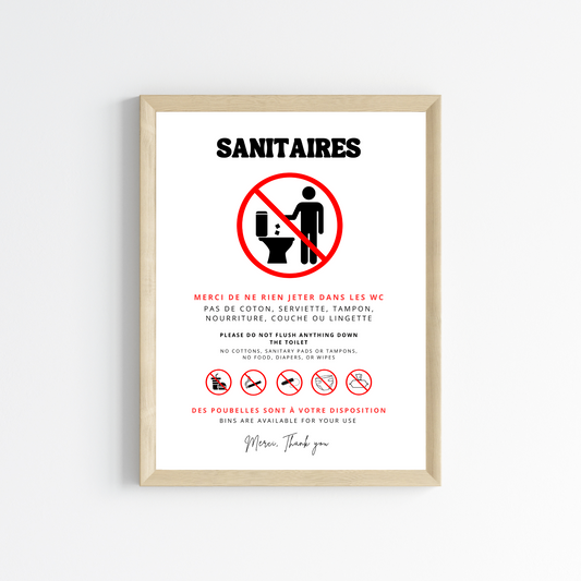 Affiche Sanitaires - Ne rien jeter dans les WC en français et anglais - Affiche toilette canalisation sensible - Le Temps des Paillettes