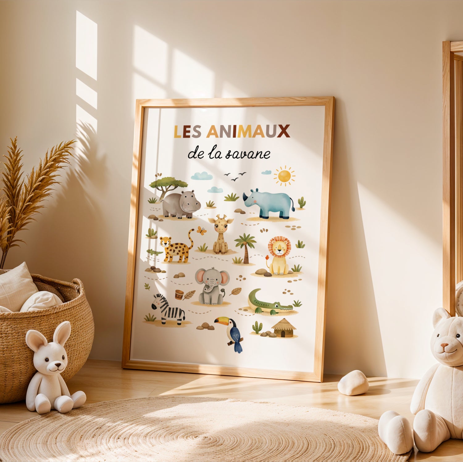 Découvrez cette affiche "Les Animaux de la Savane", une création douce et colorée pour transformer la chambre de vos petits aventuriers.