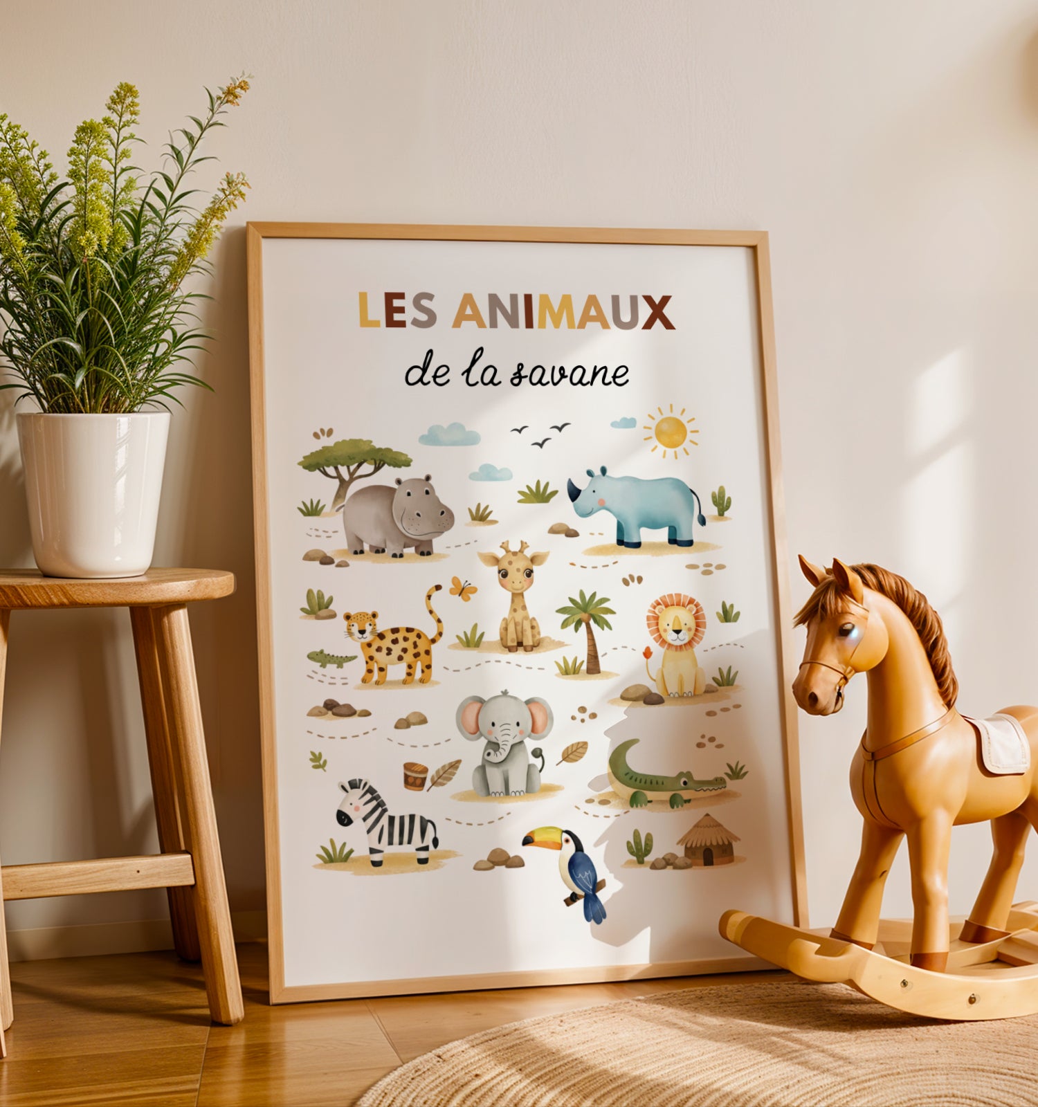 Découvrez cette affiche "Les Animaux de la Savane", une création douce et colorée pour transformer la chambre de vos petits aventuriers.