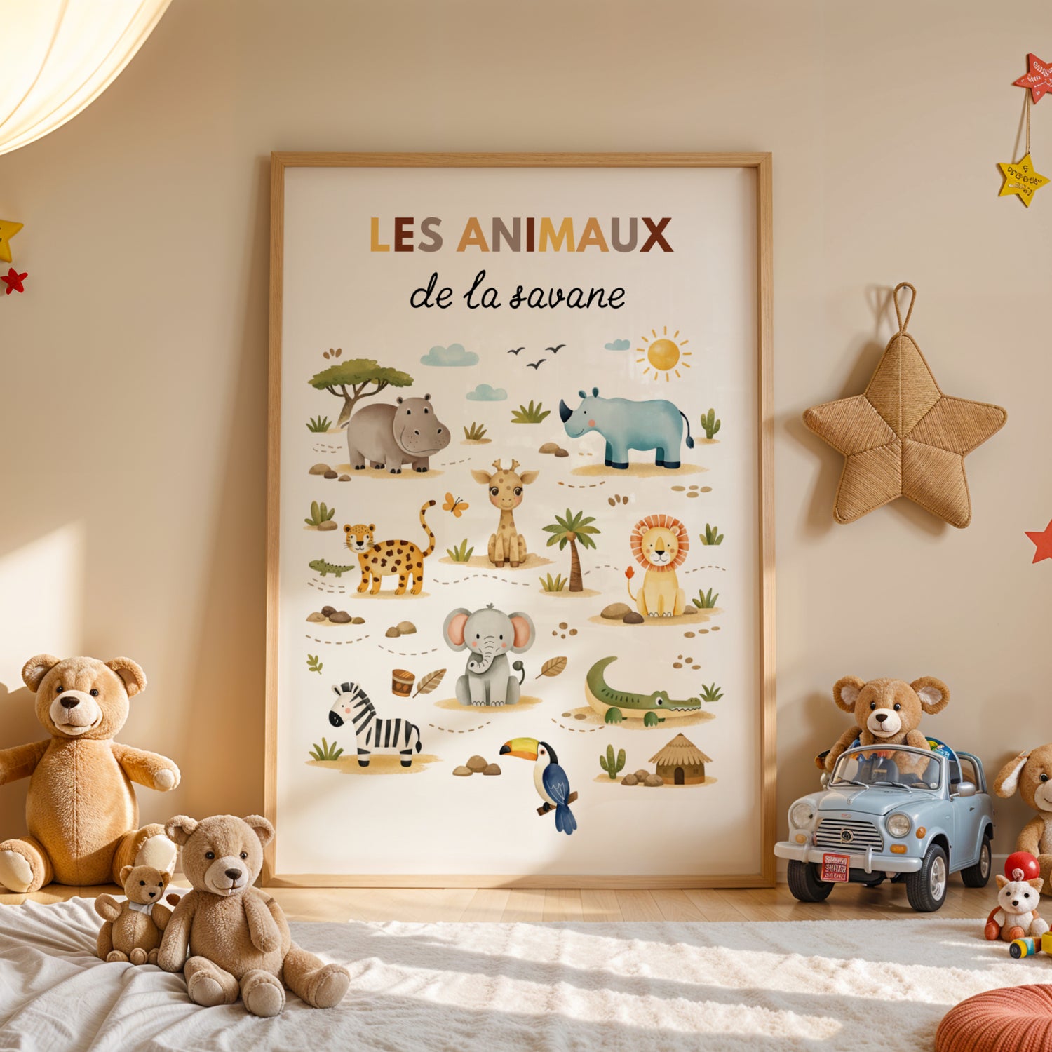 Découvrez cette affiche "Les Animaux de la Savane", une création douce et colorée pour transformer la chambre de vos petits aventuriers.