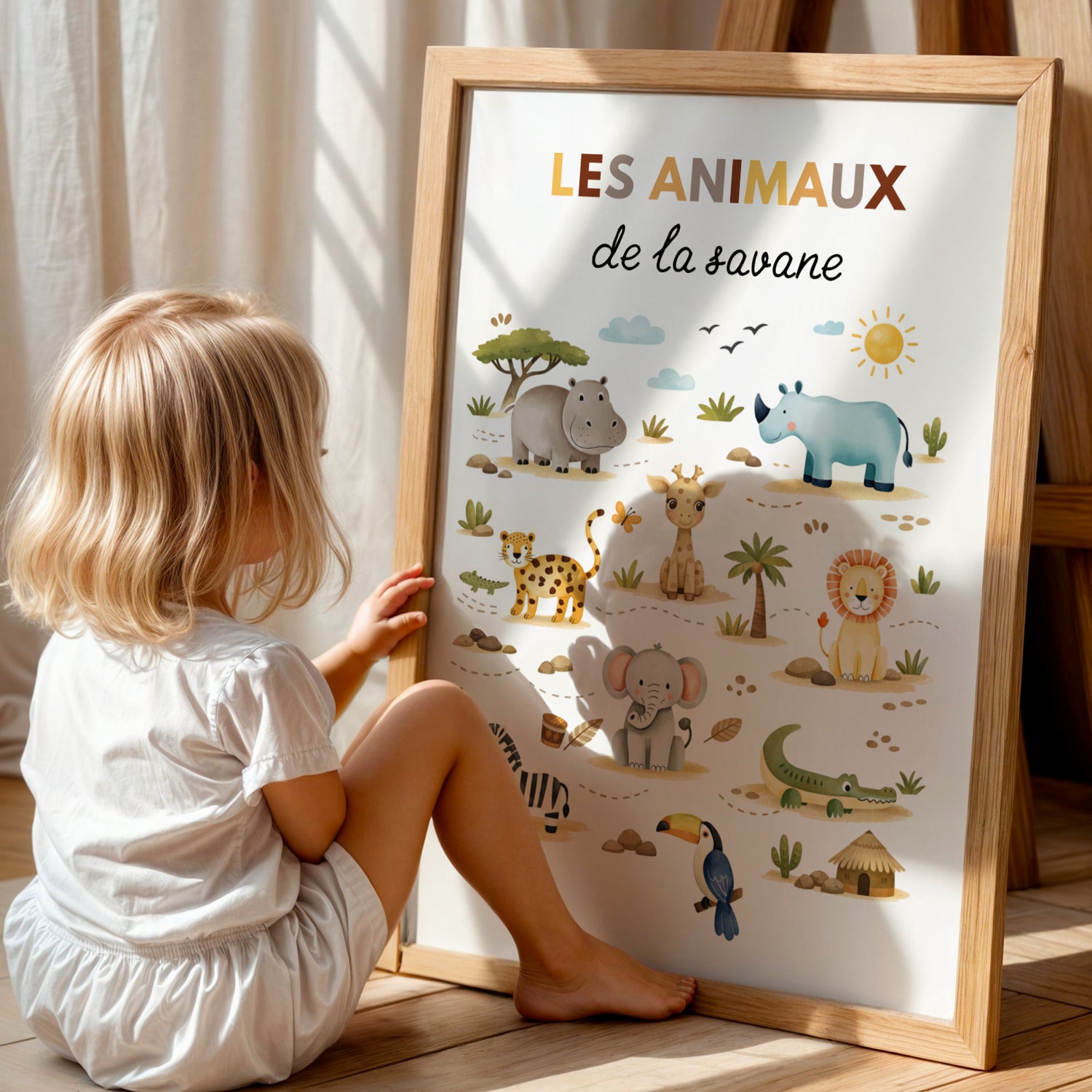 Découvrez cette affiche "Les Animaux de la Savane", une création douce et colorée pour transformer la chambre de vos petits aventuriers.