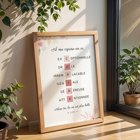 Affiche personnalisée copines – lettres style Scrabble avec adjectifs + prénom – cadeau meilleure amie