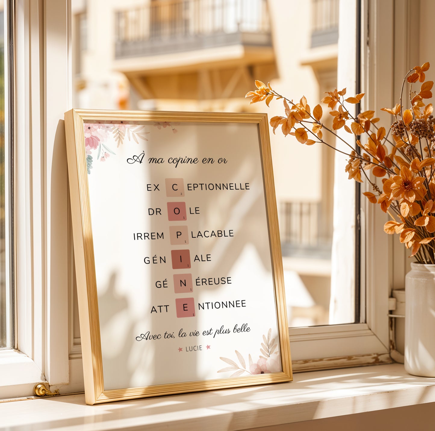 Affiche personnalisée copines – lettres style Scrabble avec adjectifs + prénom – cadeau meilleure amie