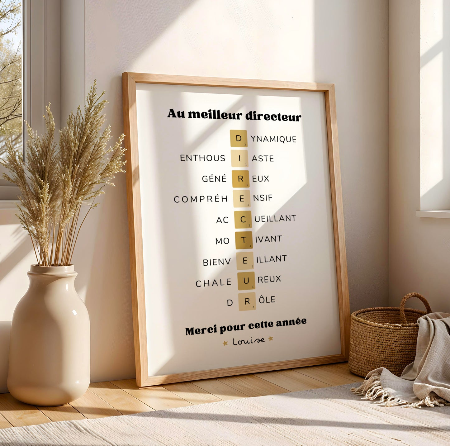 Affiche scrabble personnalisé   pour directeur école avec prénom et message sur mesure