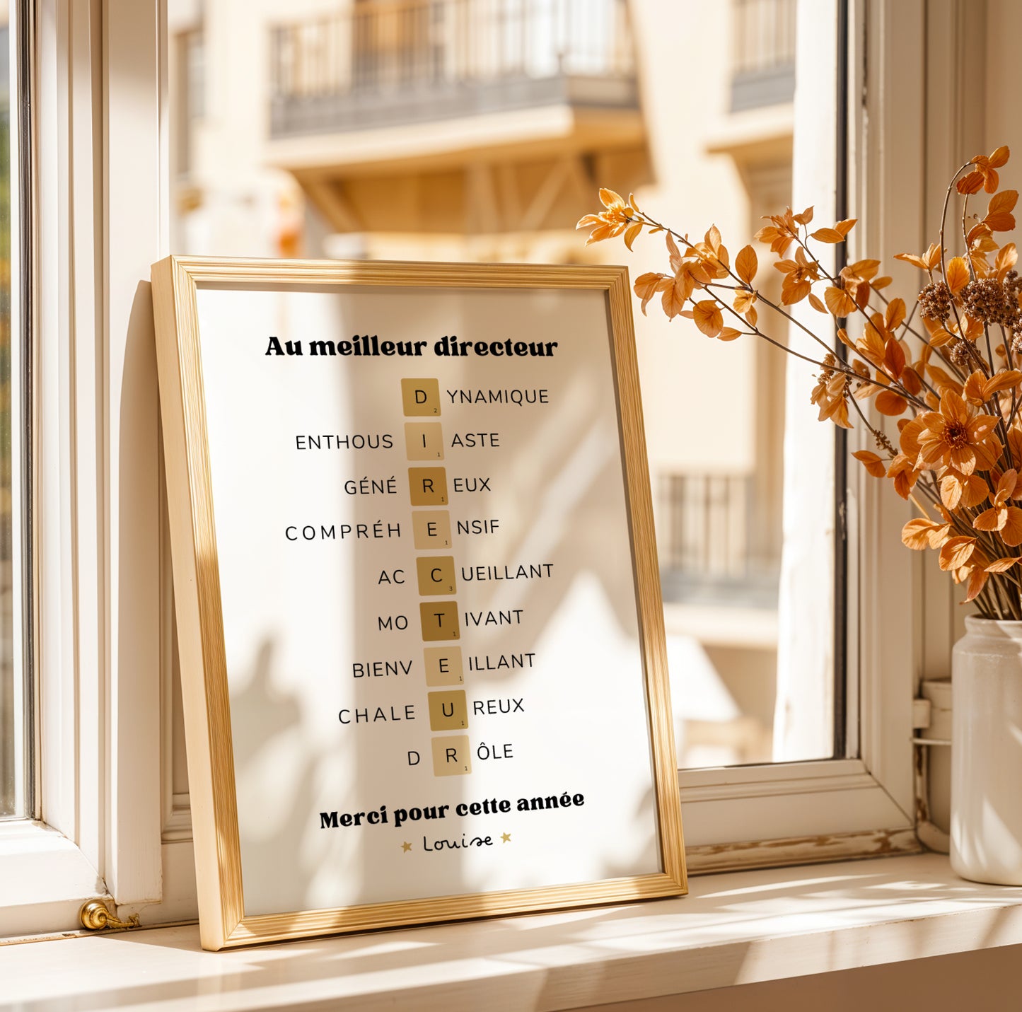 Affiche scrabble personnalisé   pour directeur école avec prénom et message sur mesure