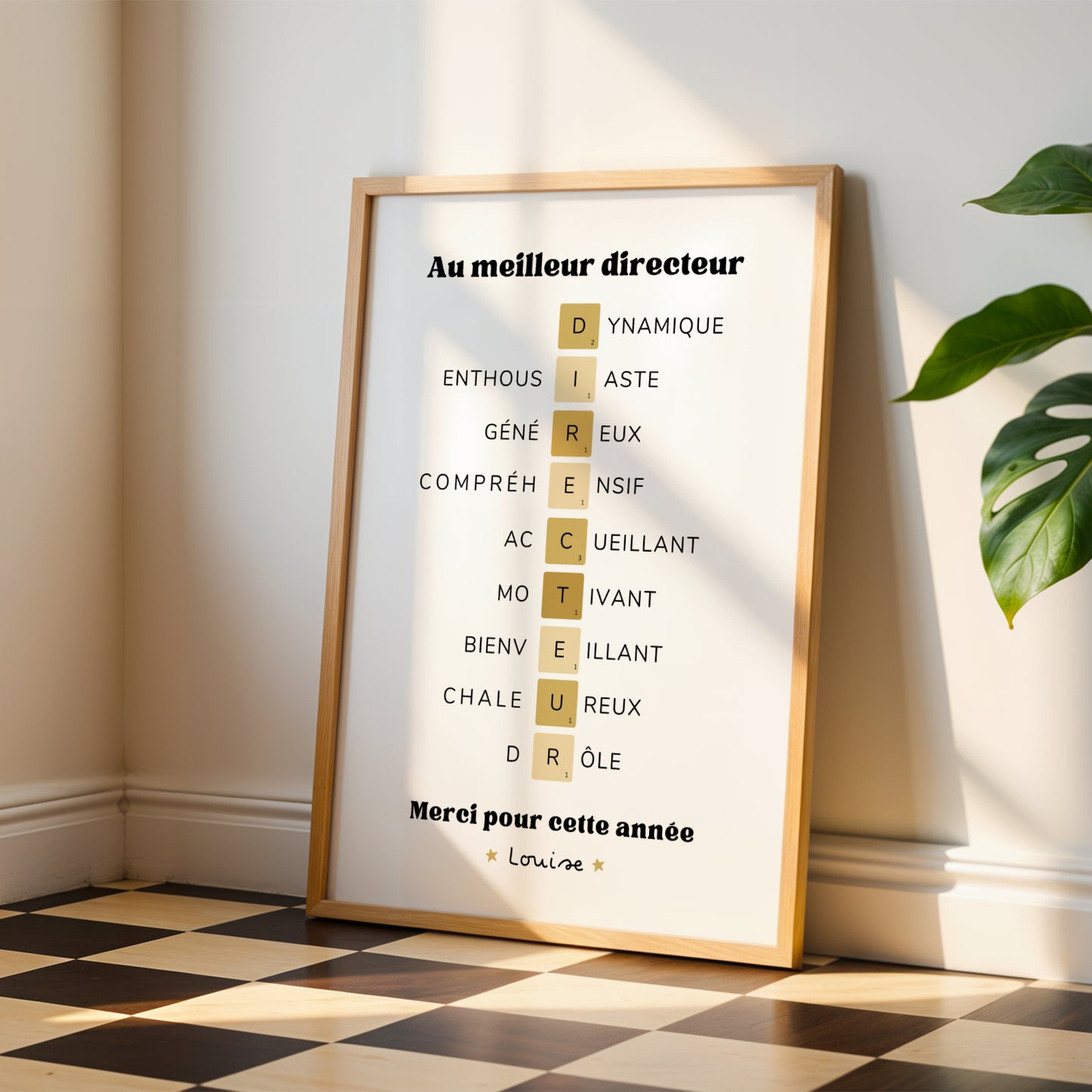 Affiche scrabble personnalisé   pour directeur école avec prénom et message sur mesure