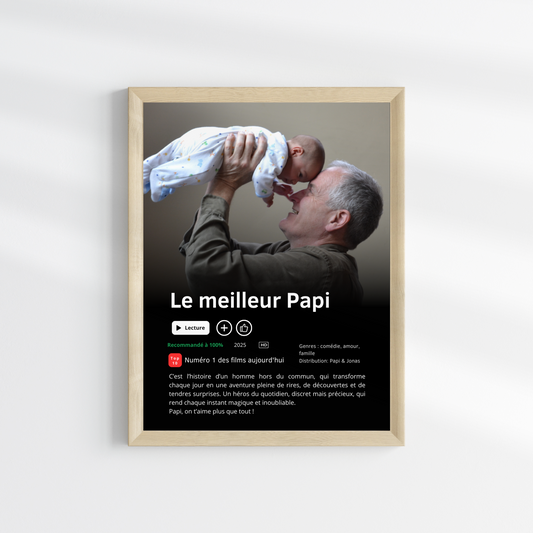 Affiche personnalisée style Netflix « Meilleur Papi du Monde » – Cadeau fête des grands-pères, Poster photo - anniversaire Papy
