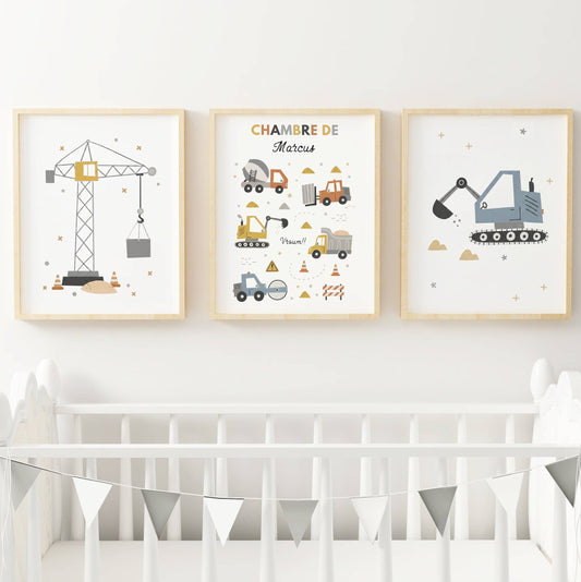 Lot 3 Affiches Chambre Garçon Engins Chantier Personnalisées Prénom – Galerie Murale Véhicules Construction Cadeau Naissance